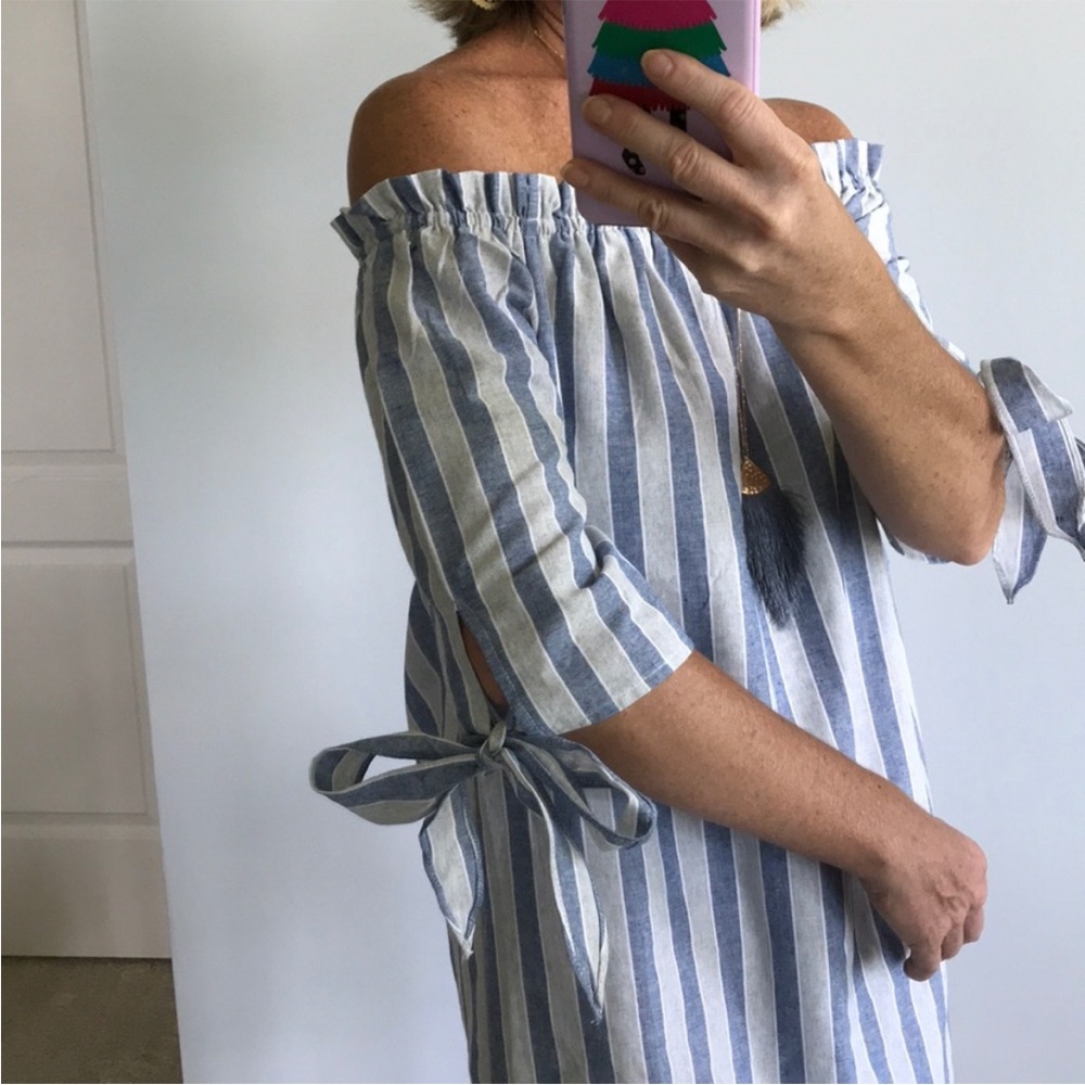 Blue and White Stripe Off the Shoulder Dress - Picture 6 of 6